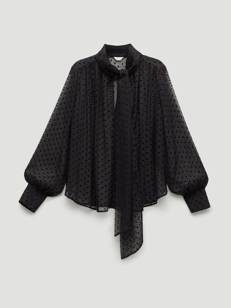 Black Polka Dot Long Sleeve Tie Neck Blouse