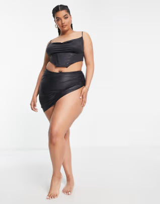 Curve Satin Wrap Skirt Bikini Bottom In Black