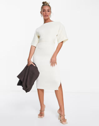 Ribbed Pencil Dress With Tie Belt In Stone