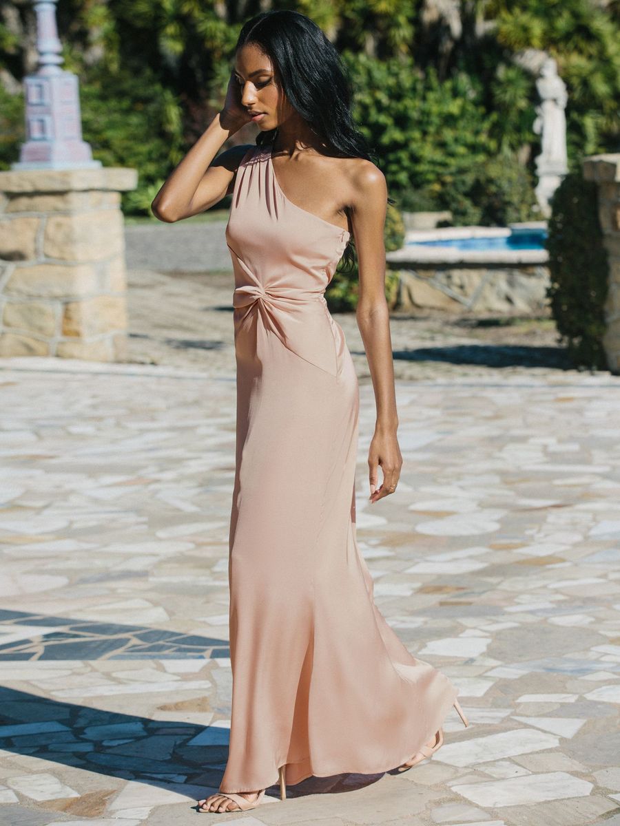 Blush Pink One Shoulder Knot Front Maxi Dress