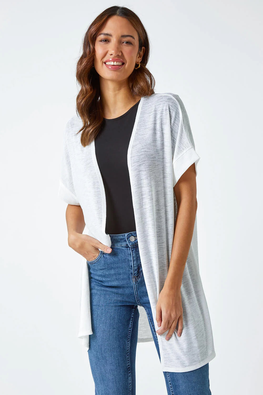 Ivory Short Sleeve Longline Cardigan