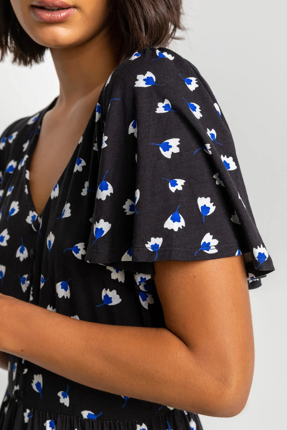Blue Button Detail Floral Tea Dress
