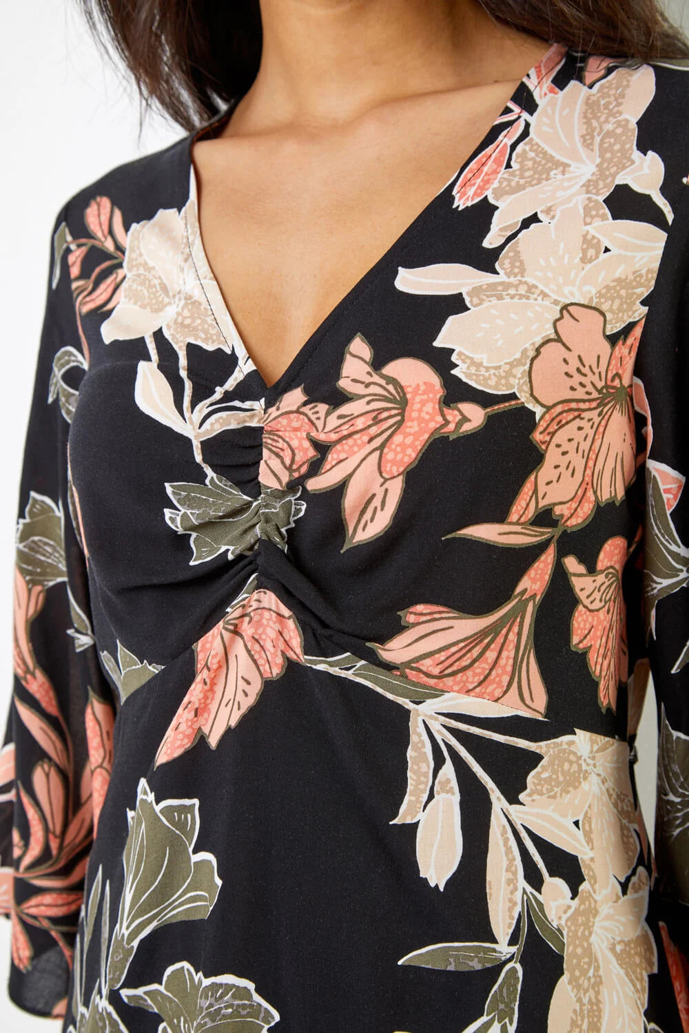 Black Tropical Print V-Neck Ruched Tunic Top