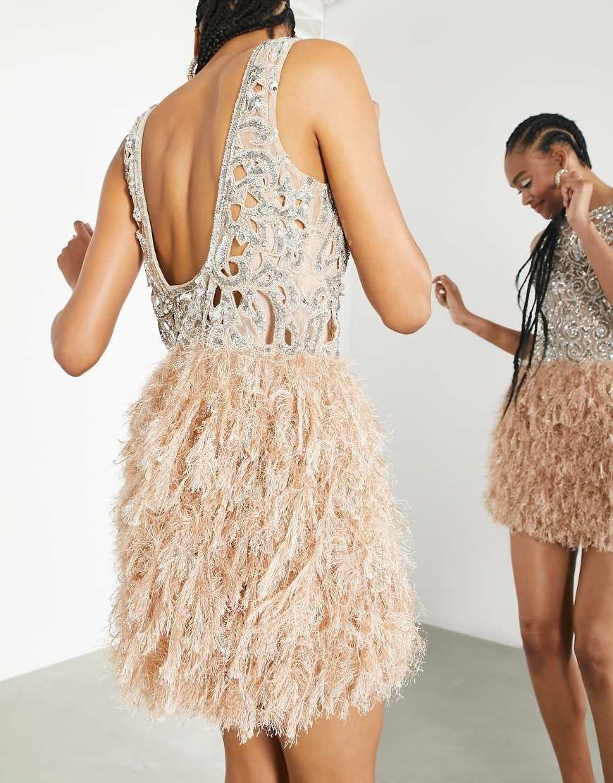 Sequin Cutwork Mini Dress With Faux Feather Hem