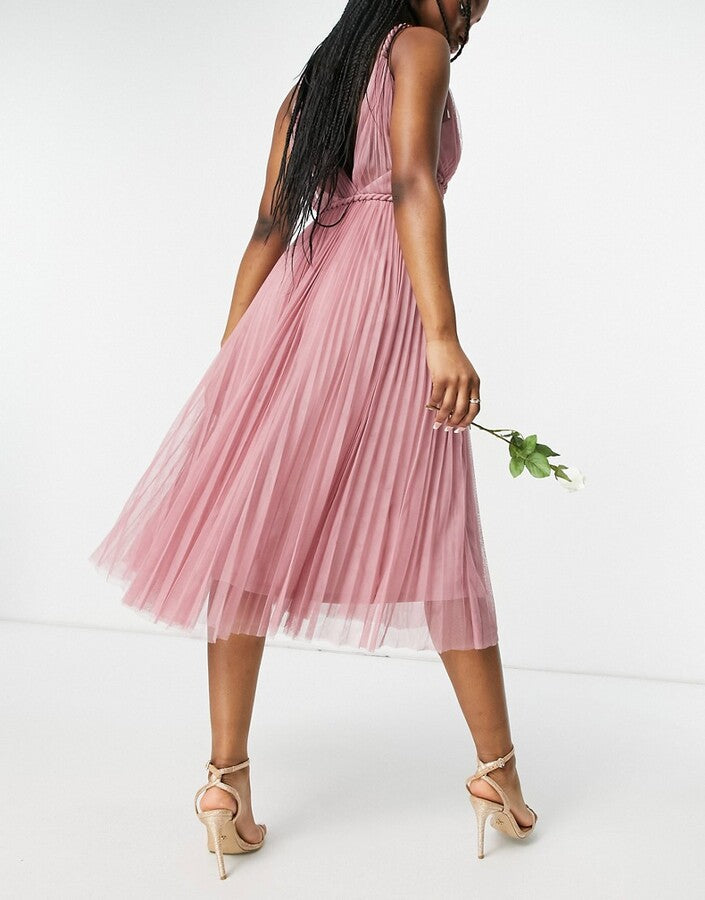 Belted Pleated Tulle Cami Midi Dress in Rose