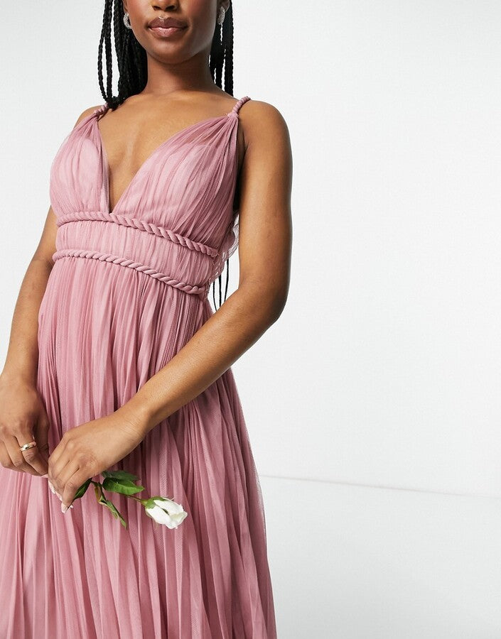Belted Pleated Tulle Cami Midi Dress in Rose
