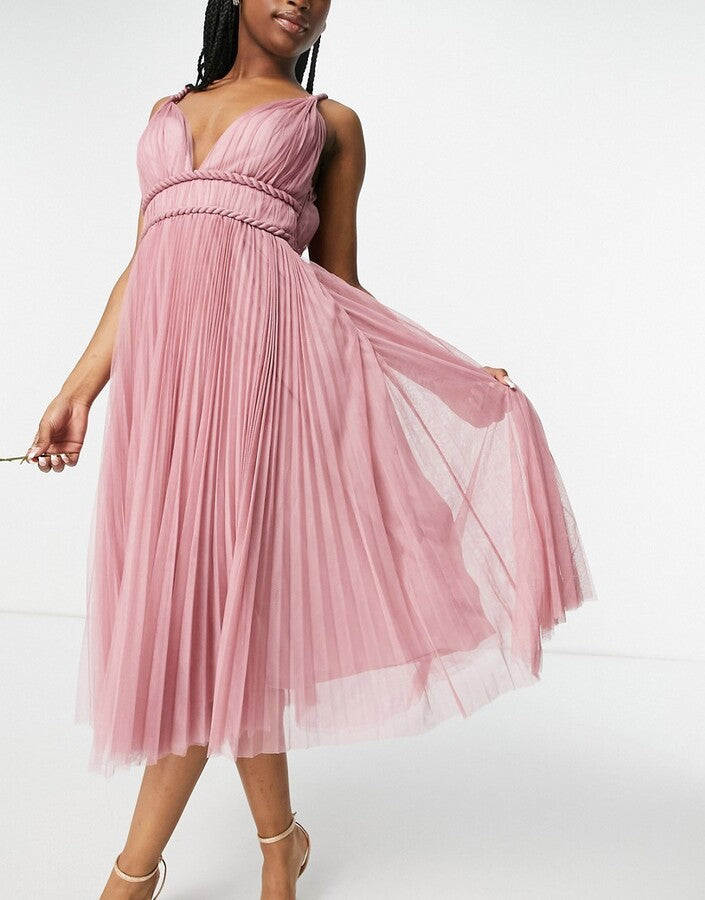 Belted Pleated Tulle Cami Midi Dress in Rose