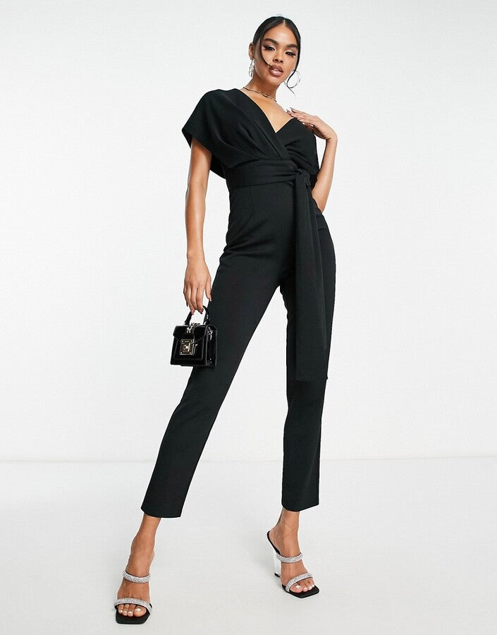 Fallen Shoulder Scuba Jumpsuit in Black