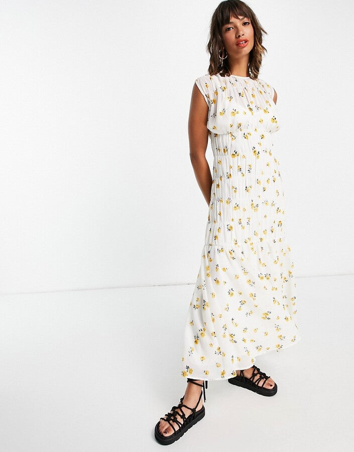 Gathered Detail Sleeveless Maxi Dress in Ditsy Print