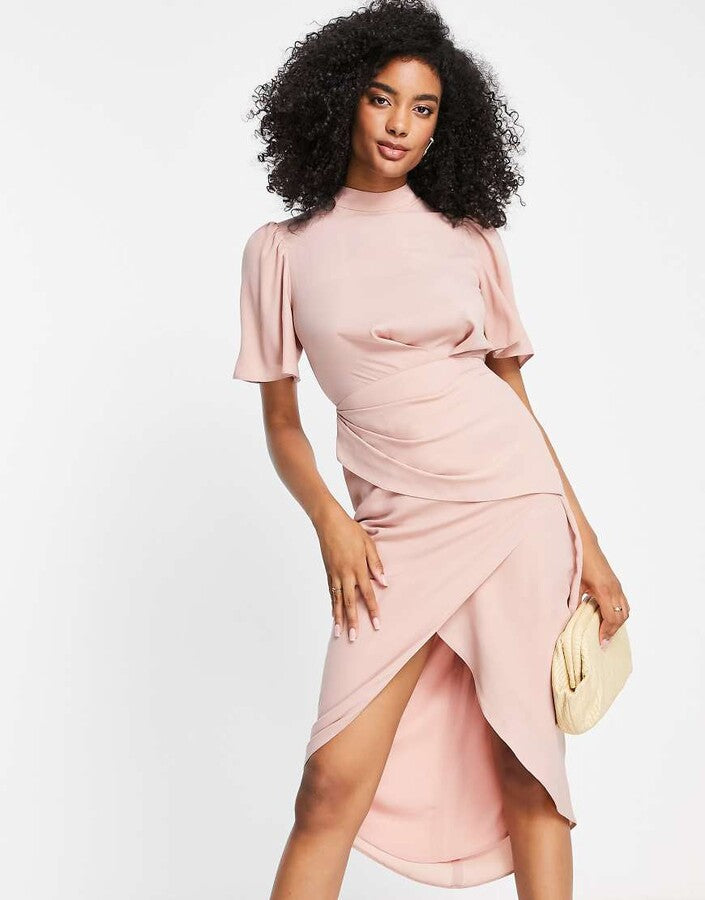 ASOS DESIGN Short Sleeve High Neck Drape Wrap Front Midi Dress in Blush