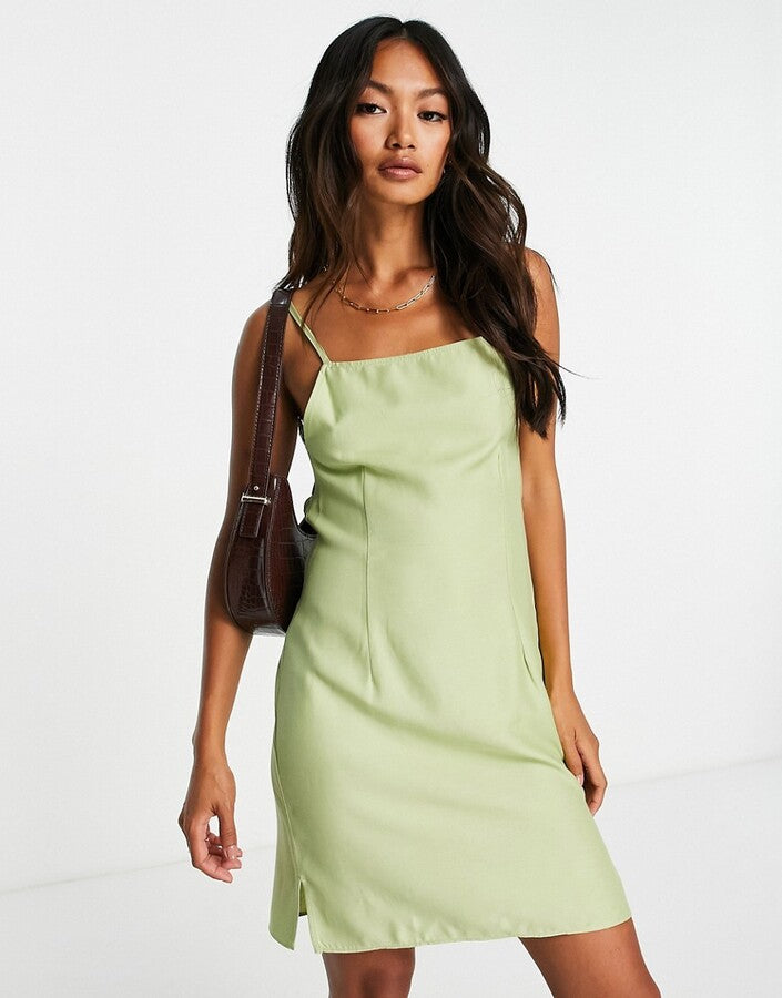 Square Neck Mini Slip Sundress in Khaki