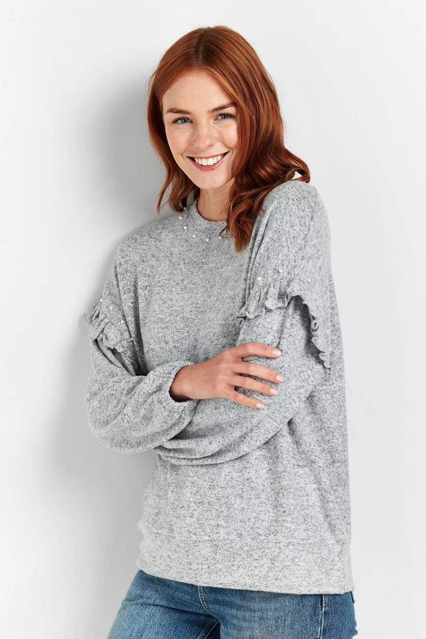 Grey Knit Embellished Frill Sleeve Jumper