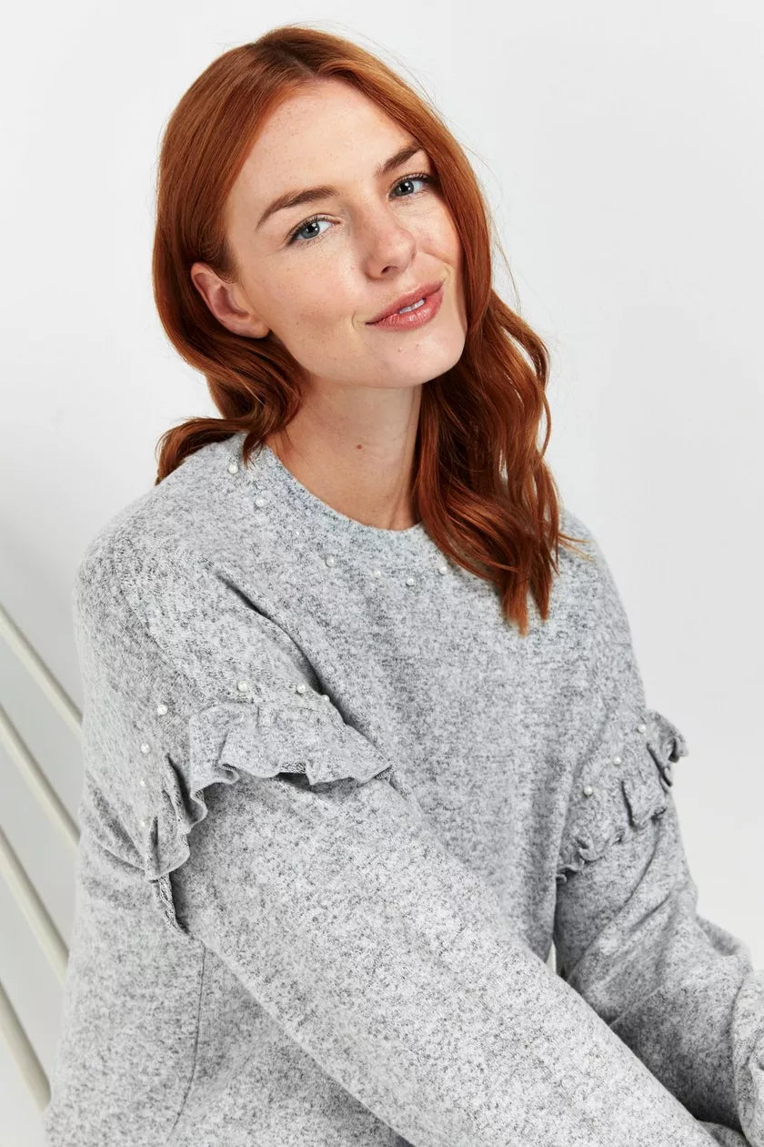 Grey Knit Embellished Frill Sleeve Jumper