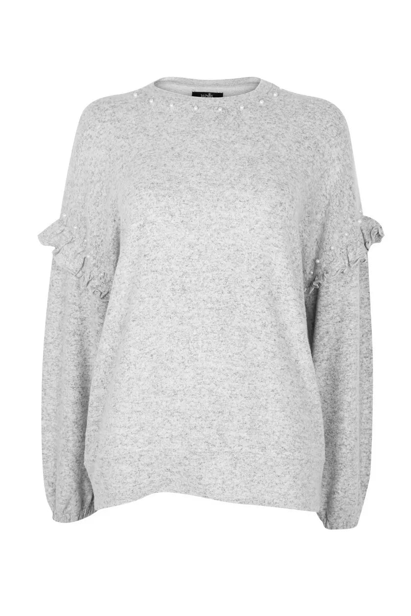 Grey Knit Embellished Frill Sleeve Jumper