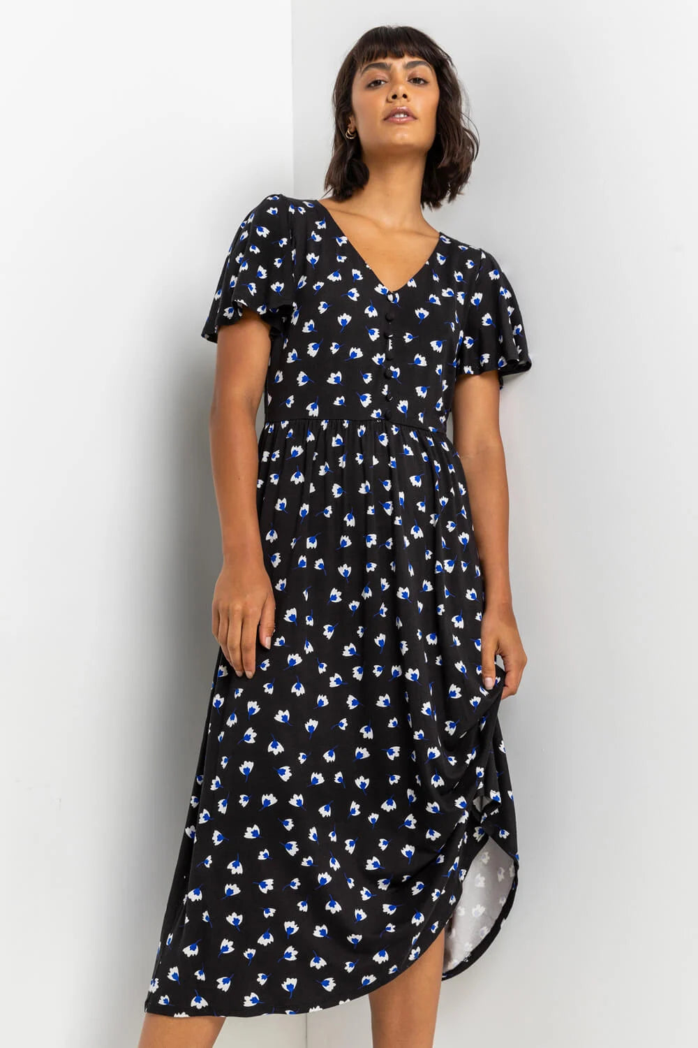 Blue Button Detail Floral Tea Dress