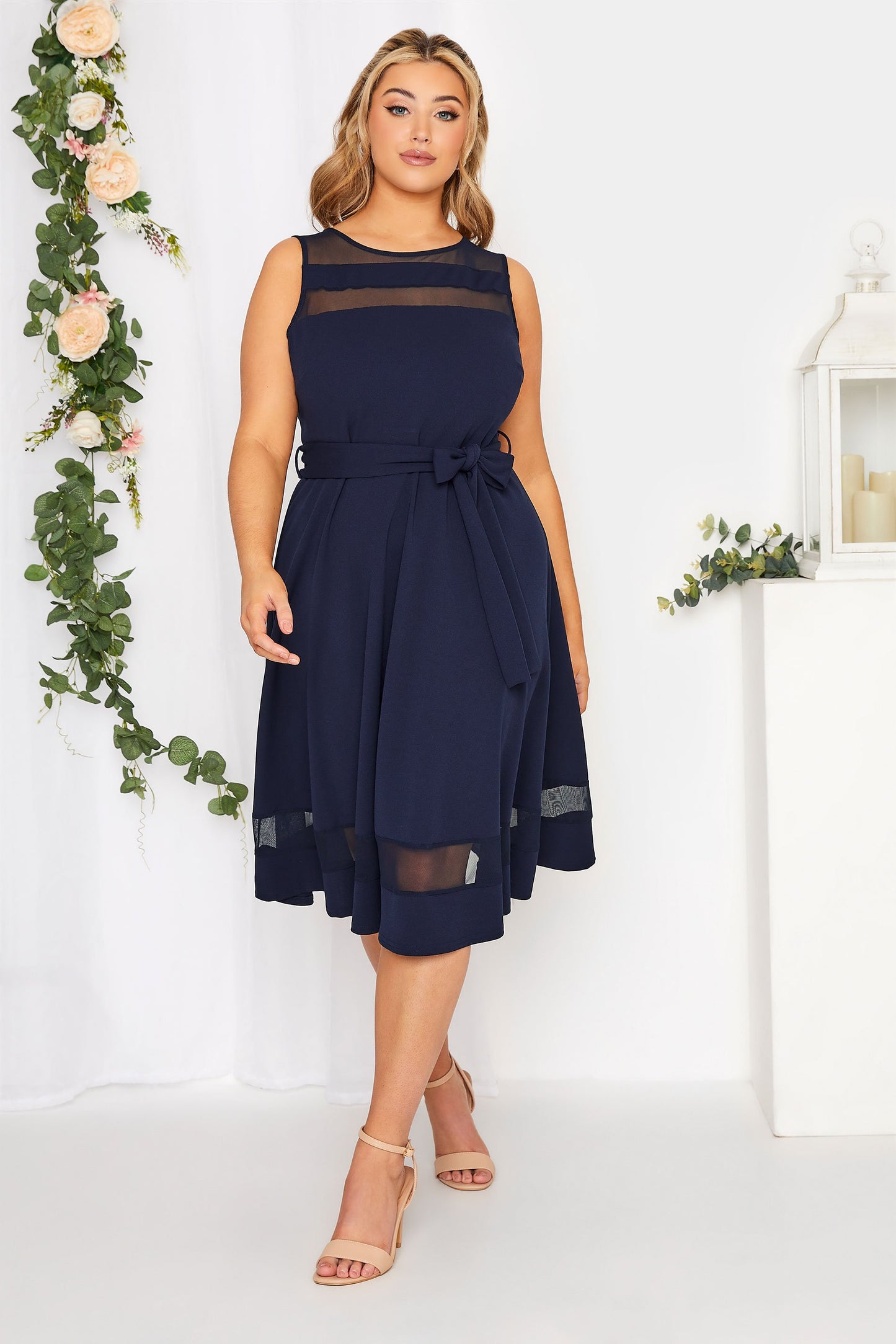Navy Blue Mesh Panel Skater Dress