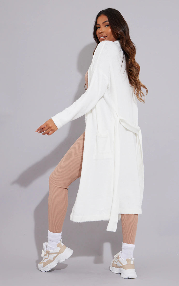Cream Knitted Slouchy Belted Midaxi Cardigan