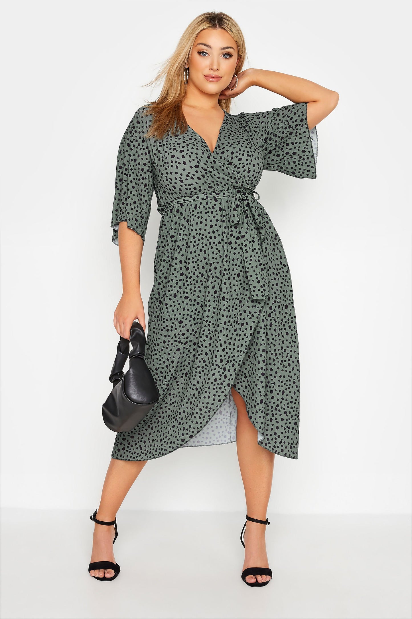 Green Dalmatian Print Midi Wrap Dress