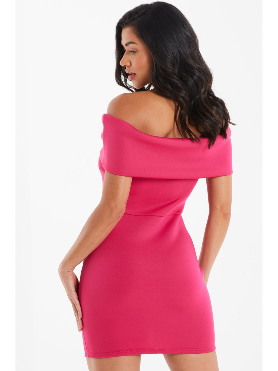 Pink Solid Bow Detail Off Shoulder Bodycon Dress