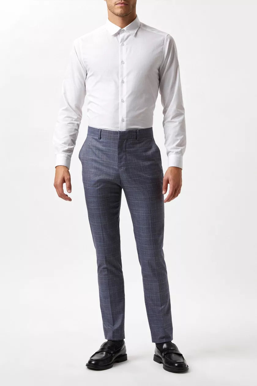 Skinny Fit Denim Wedding Check Suit Trousers Blue