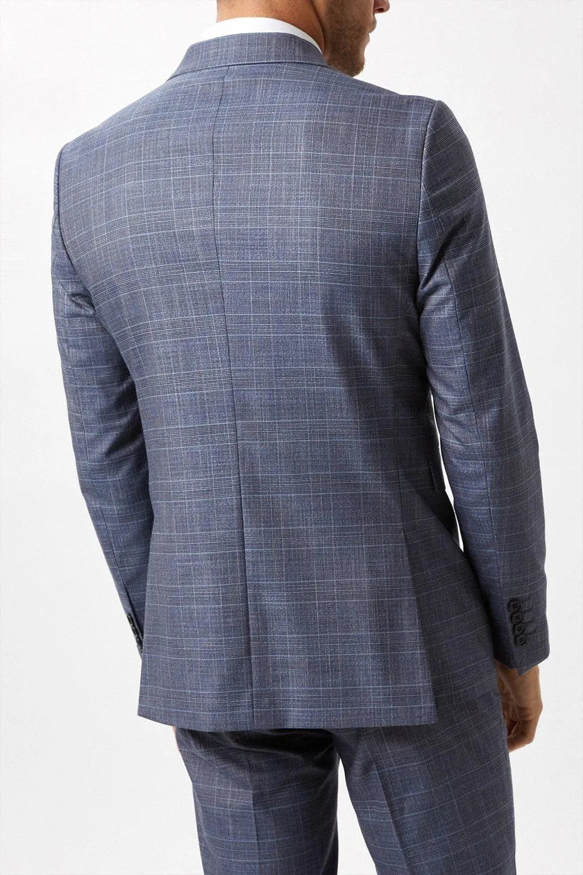 Skinny Fit Denim Wedding Blue Check Suit Jacket