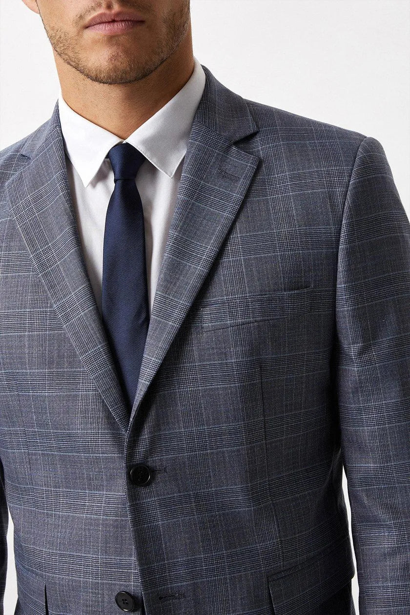 Skinny Fit Denim Wedding Blue Check Suit Jacket
