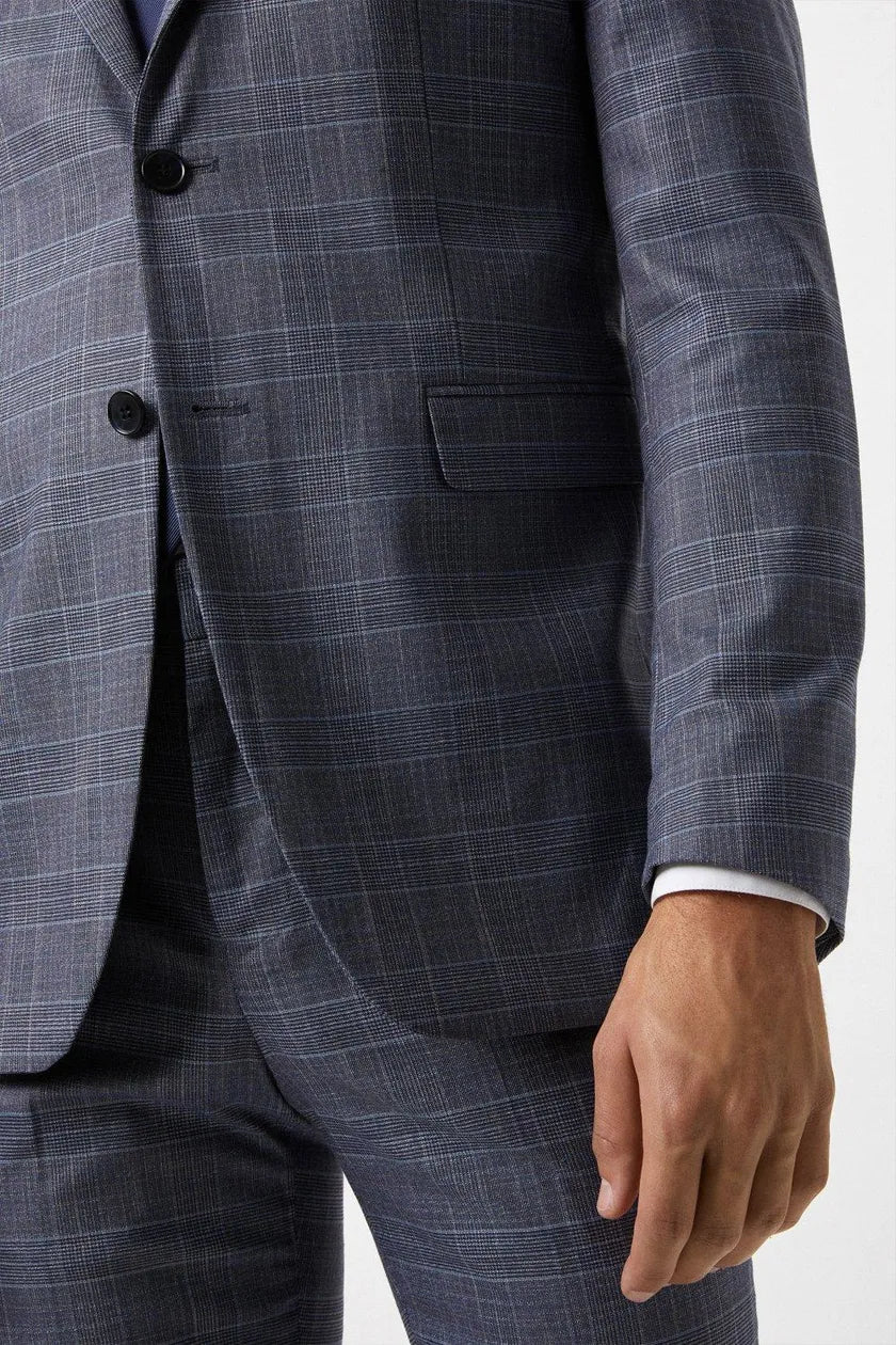 Skinny Fit Denim Wedding Blue Check Suit Jacket