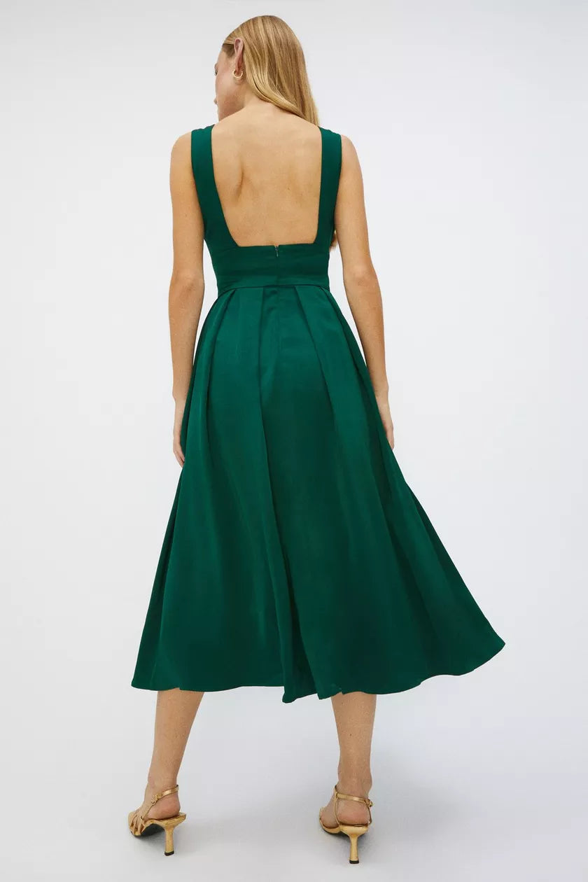 Full Skirted Satin Midi Dress Green