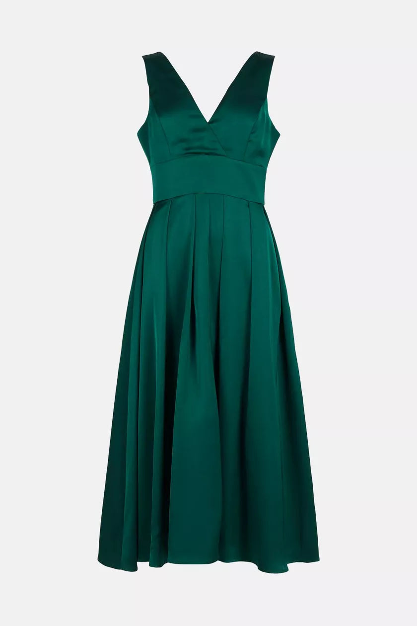 Full Skirted Satin Midi Dress Green