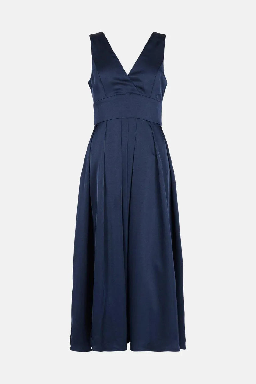 Full Skirted Satin Midi Dress Blue