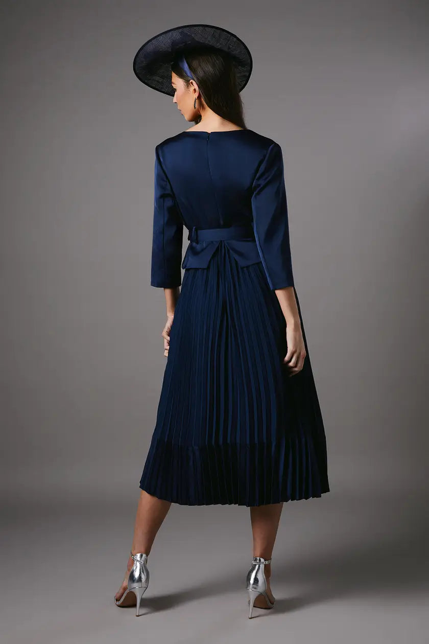 Satin Bodice Sleeve Pleat Skirt Belted Midi Wedding Guest Dress