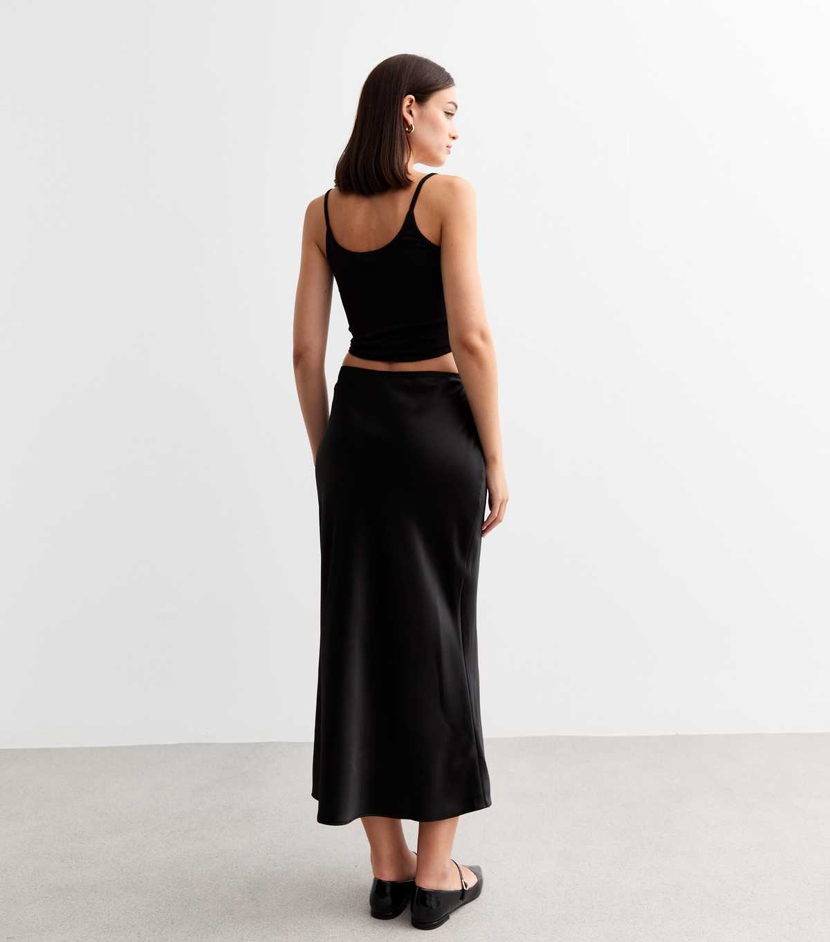 Black Satin Bias Cut Midi Skirt