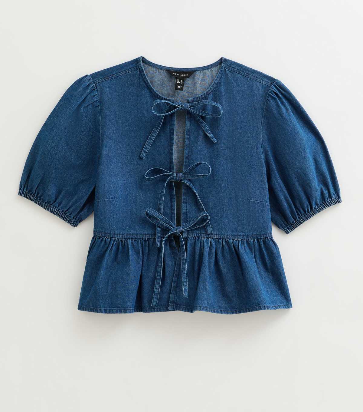 Blue Short Sleeve Tie Front Denim Top