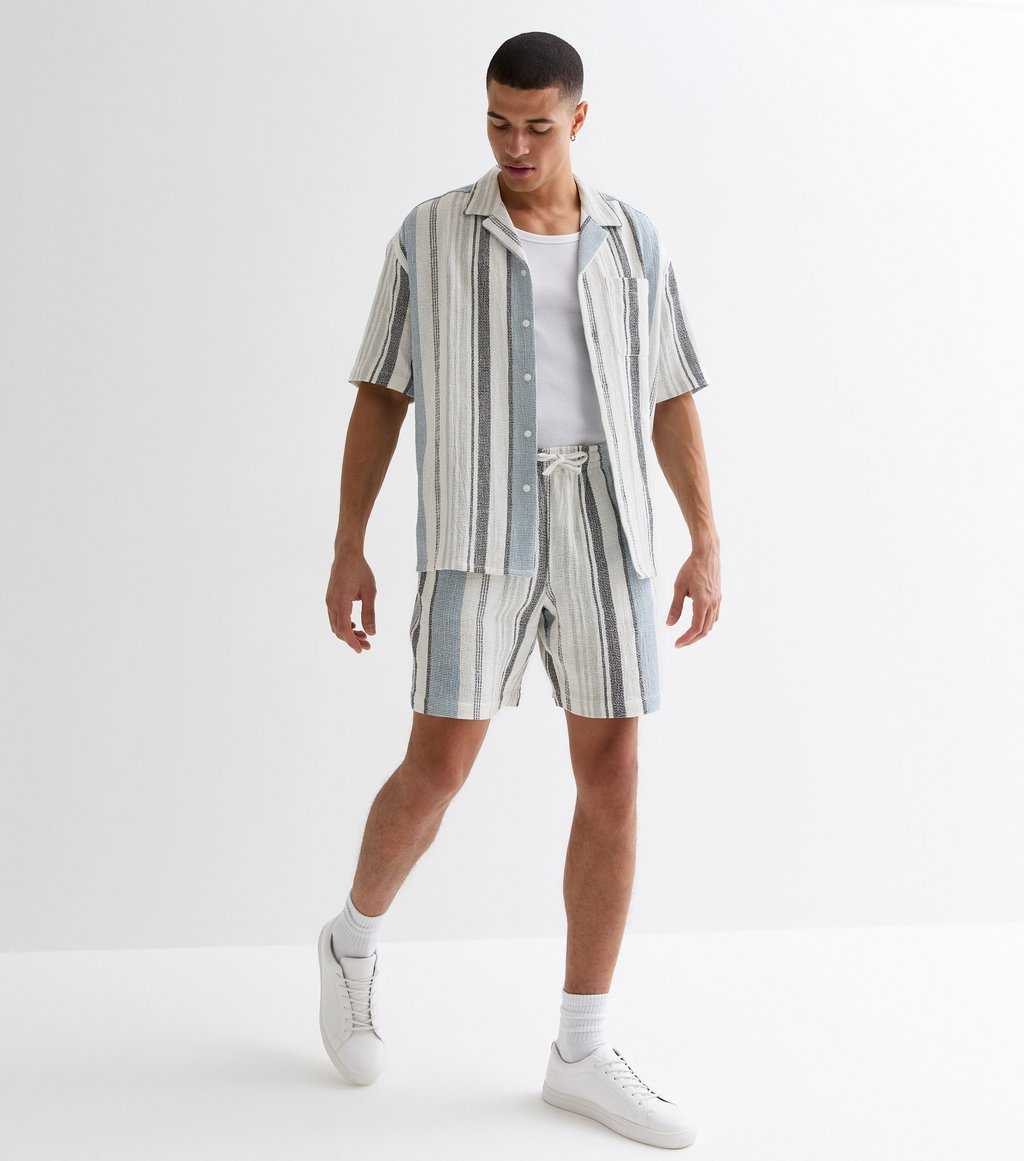 Blue Stripe Relaxed Fit Textured Cotton Shirt And Shorts Set
