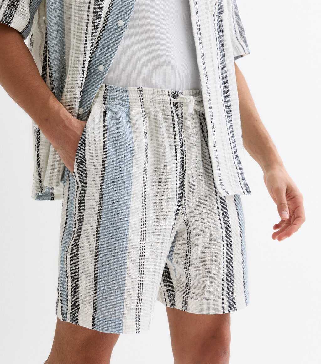 Blue Stripe Relaxed Fit Textured Cotton Shirt And Shorts Set