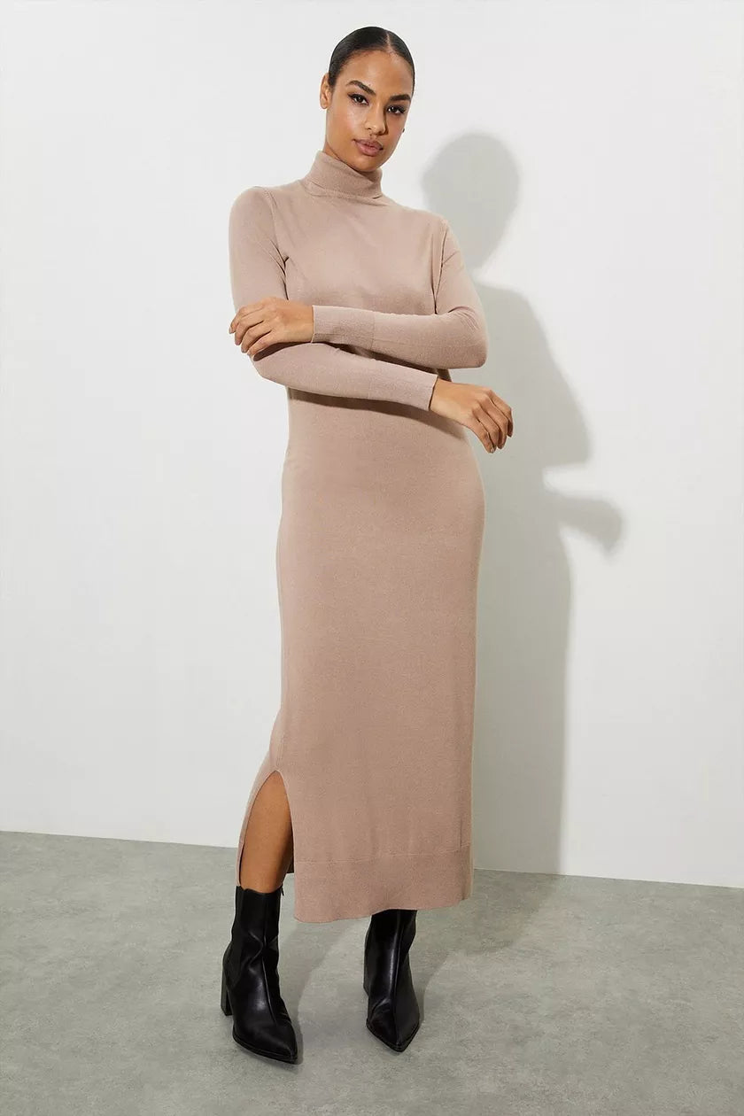 High Neck Slouchy Midi Dress Oatmeal
