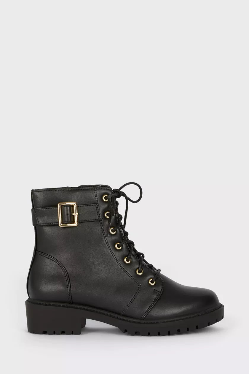 Wide Fit Misa Buckle Detail Hiker Boot Black