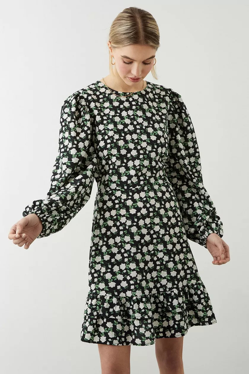 Mono Ditsy Ruffle Hem Dress