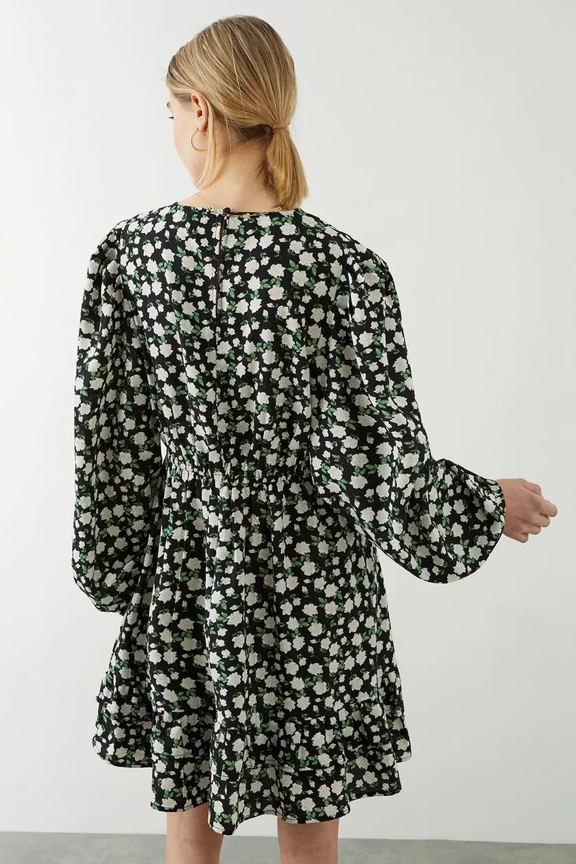Mono Ditsy Ruffle Hem Dress
