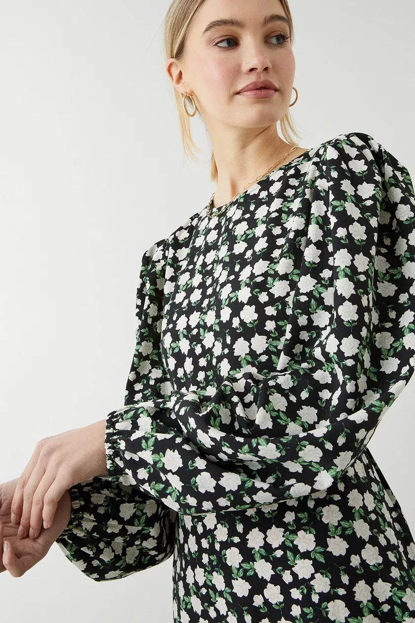Mono Ditsy Ruffle Hem Dress