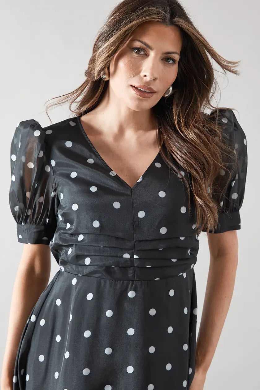 Spot Organza Ruched Front Midaxi Dress