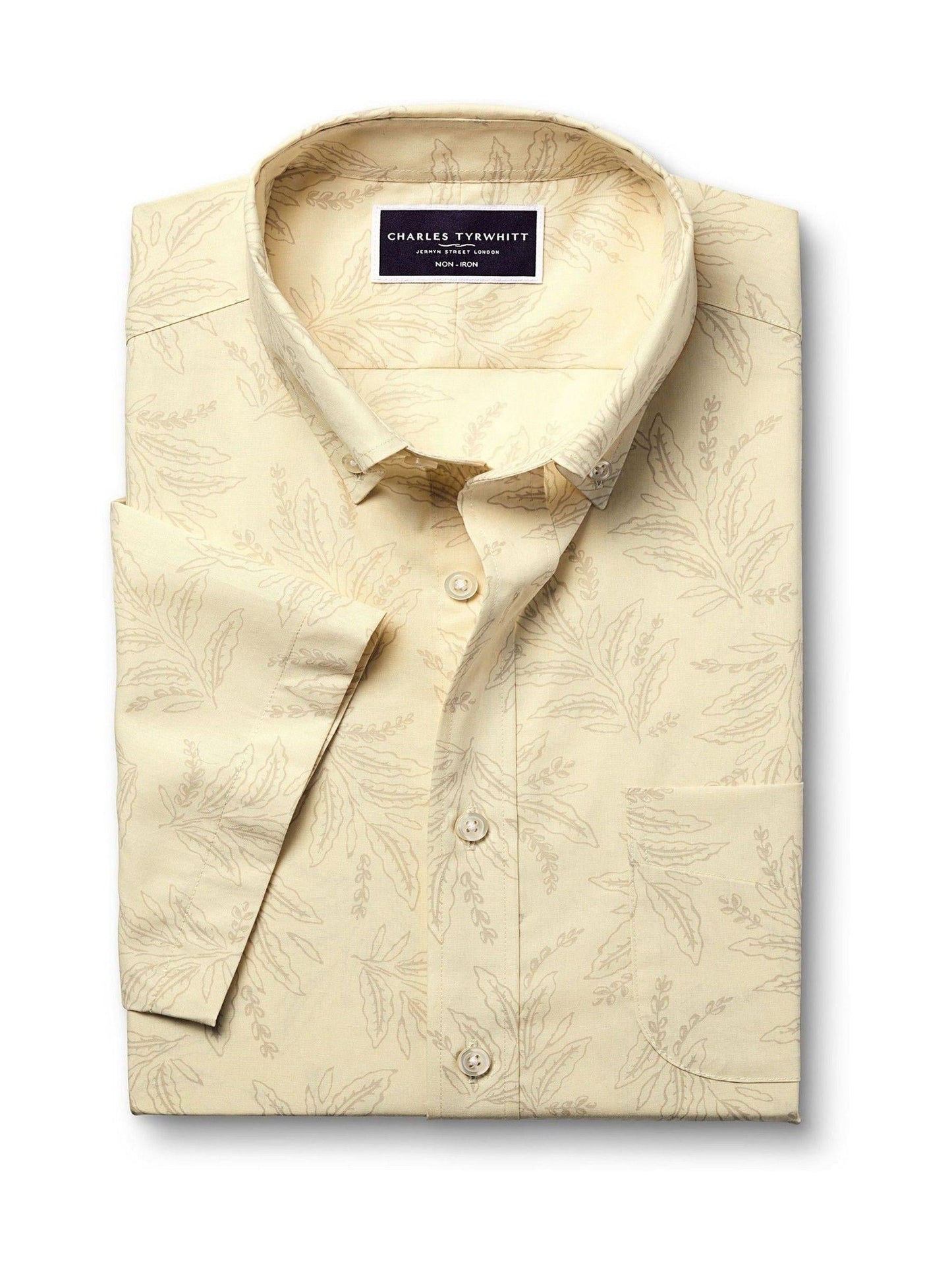Cotton Leaf Print Short Sleeve Slim Fit Shirt