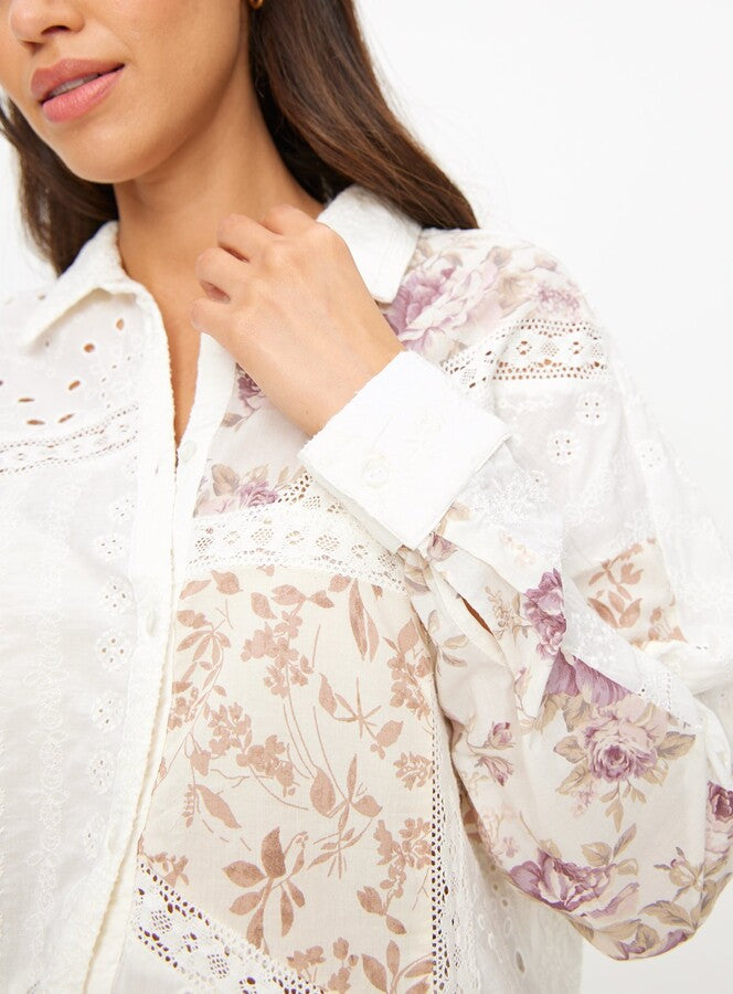 Cream Patchwork Broderie Long Sleeve Shirt