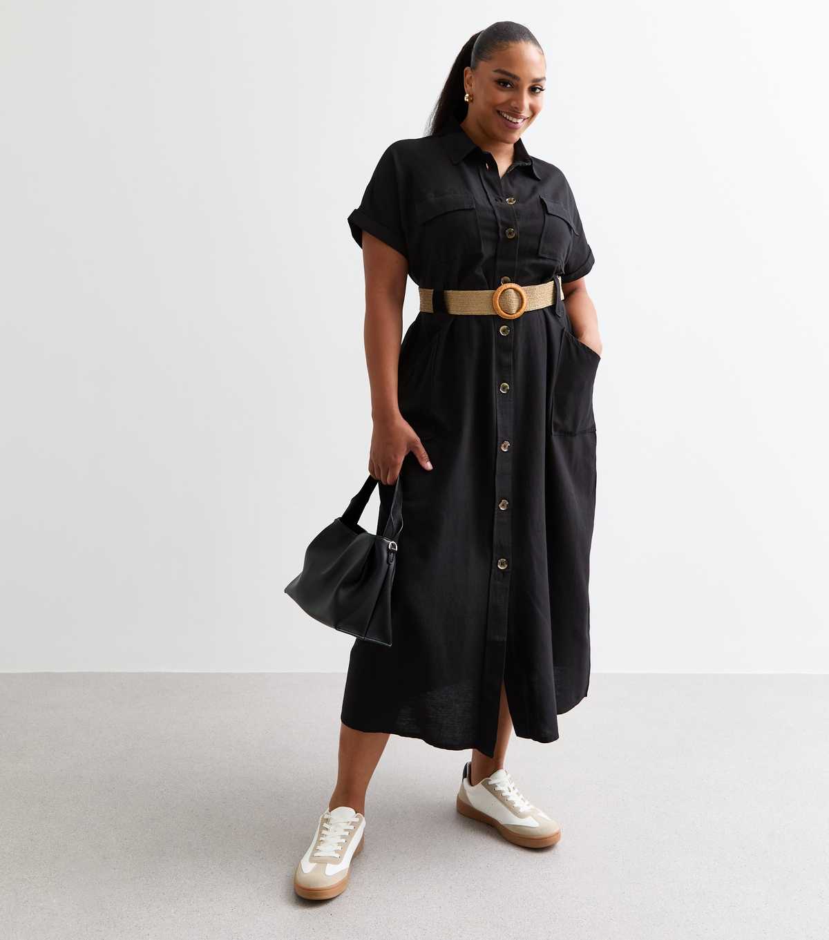 Curves Black Belted Utility Midi Shirt Dress