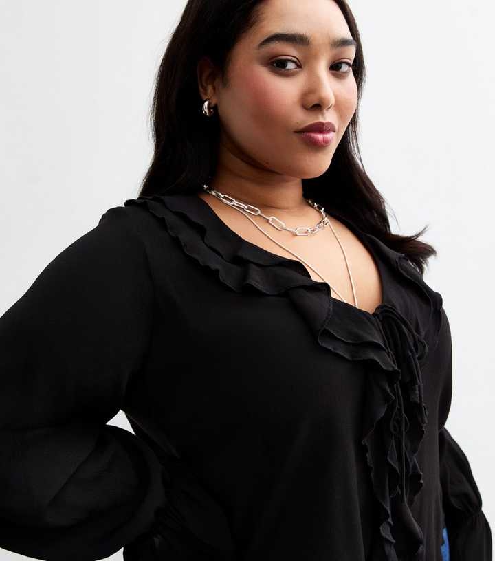 Curves Black Ruffle Trim Blouse