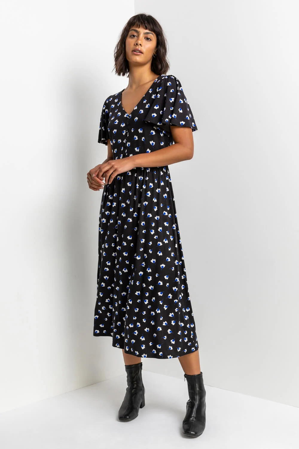 Blue Button Detail Floral Tea Dress