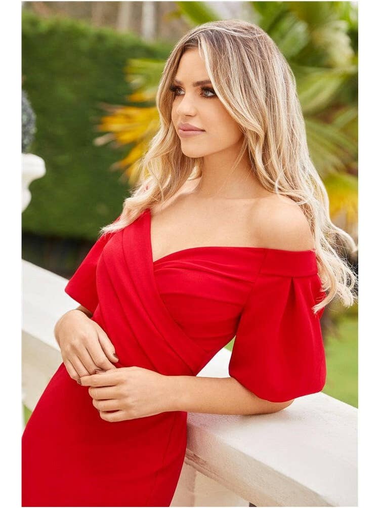 Deena Red Puff Sleeve Midi Dress
