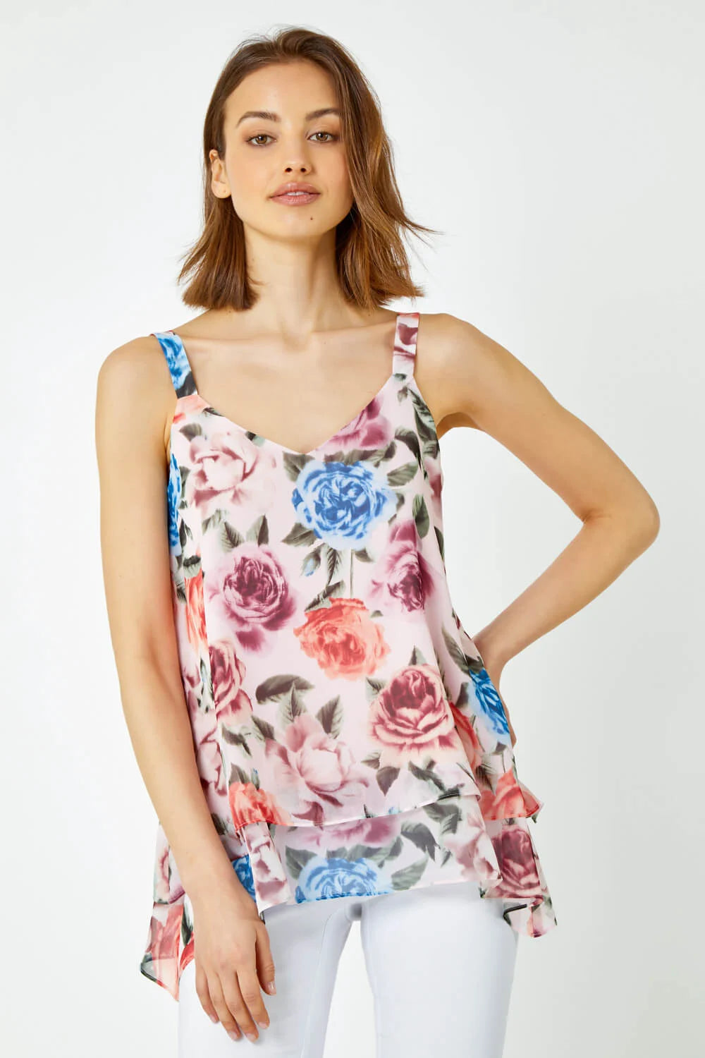 Light Pink Sleeveless V-Neck Floral Double Layer Top