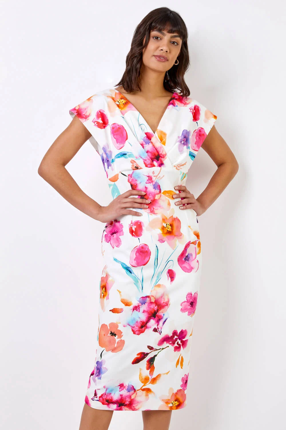 Ivory Floral Print Cross Front Midi Dress