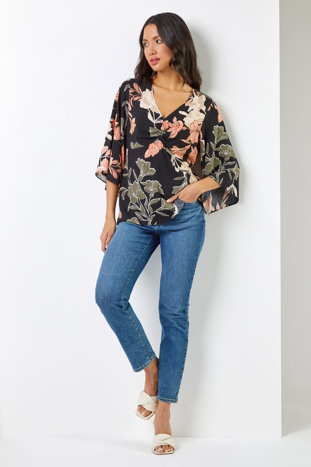 Black Tropical Print V-Neck Ruched Tunic Top